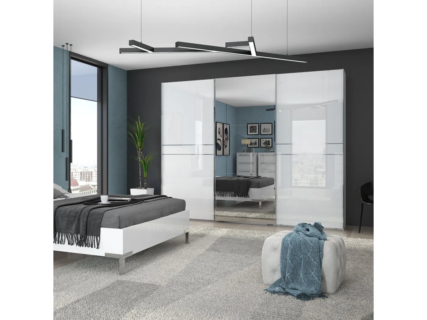 Drsna omara z ogledalom Piano bela