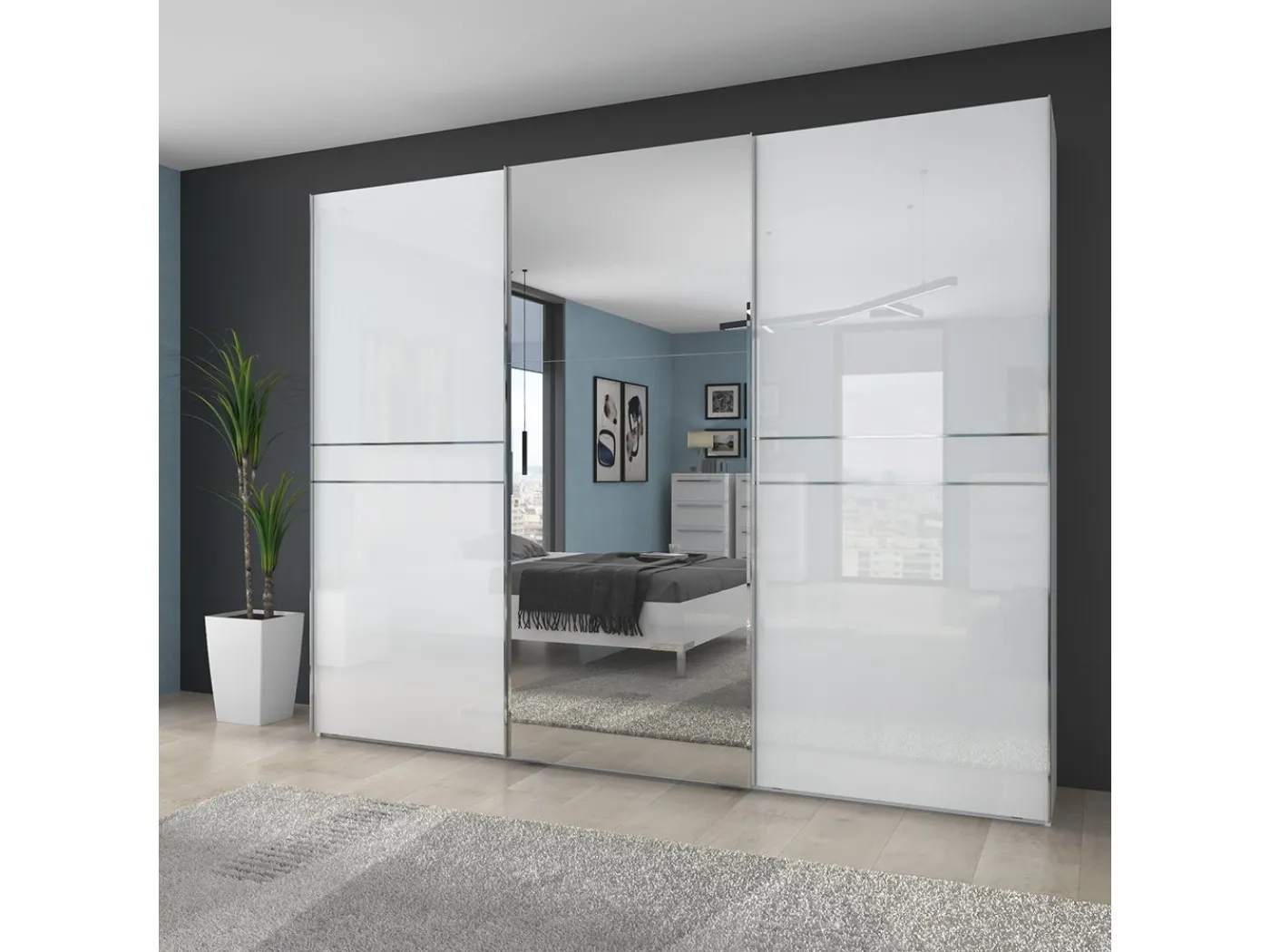 Drsna omara z ogledalom Piano bela