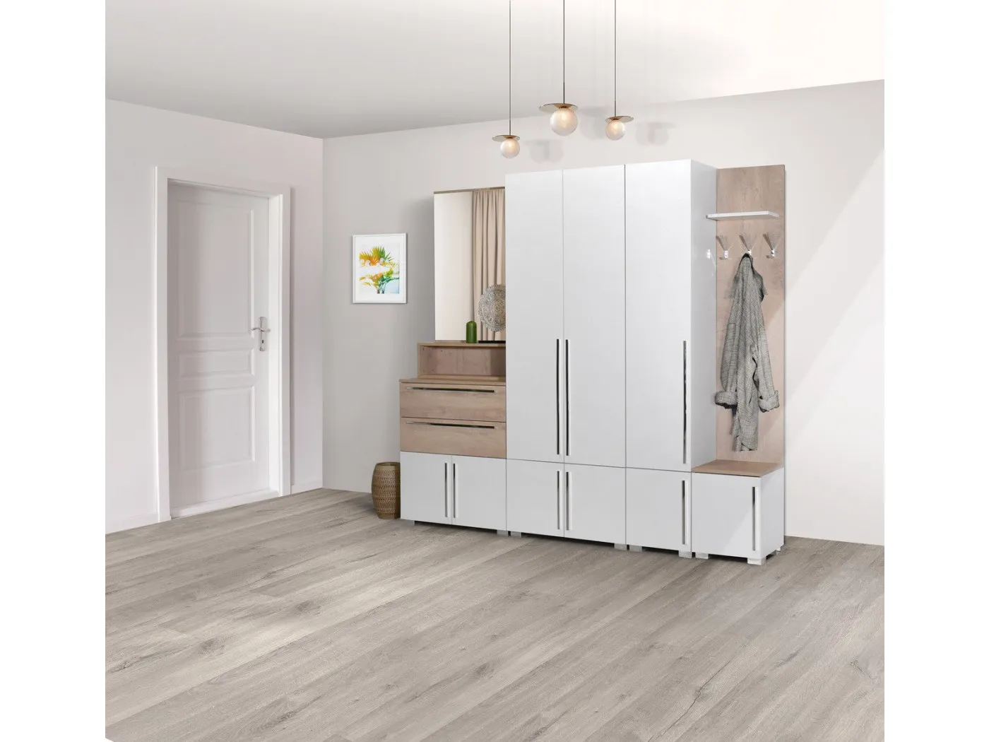 Obešalna stena s komodo Leonidas 40 hrast - bela